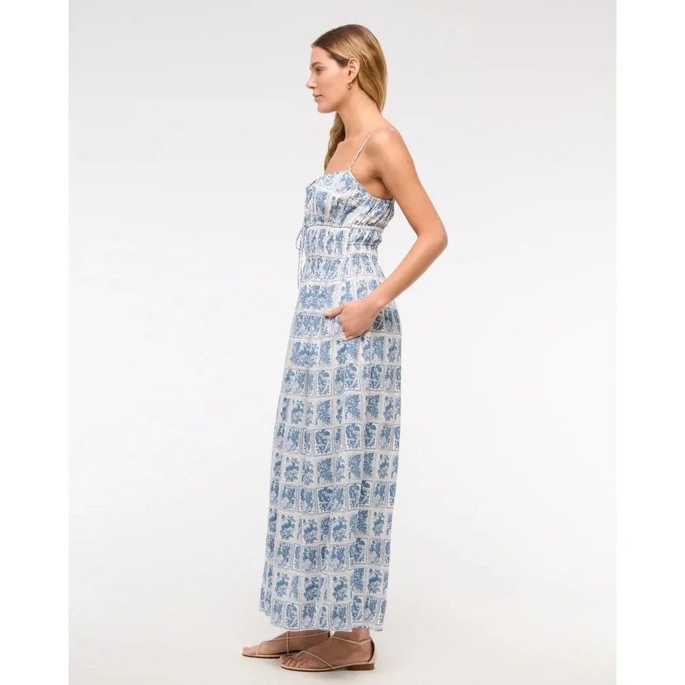 Abercrombie & Fitch Blue White Tile Print Smocked Maxi Dress Small